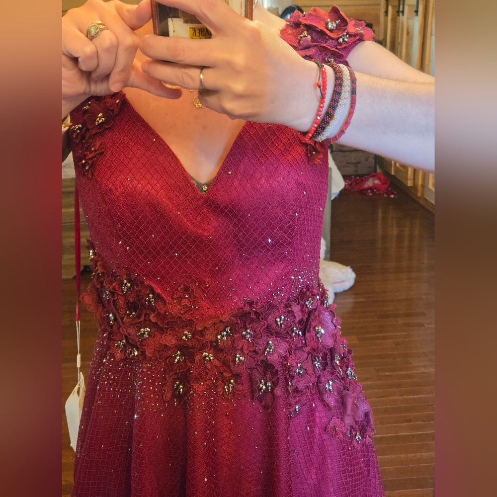 Bespoke Mac Duggal Burgandy Flower Emblished Texture Dress